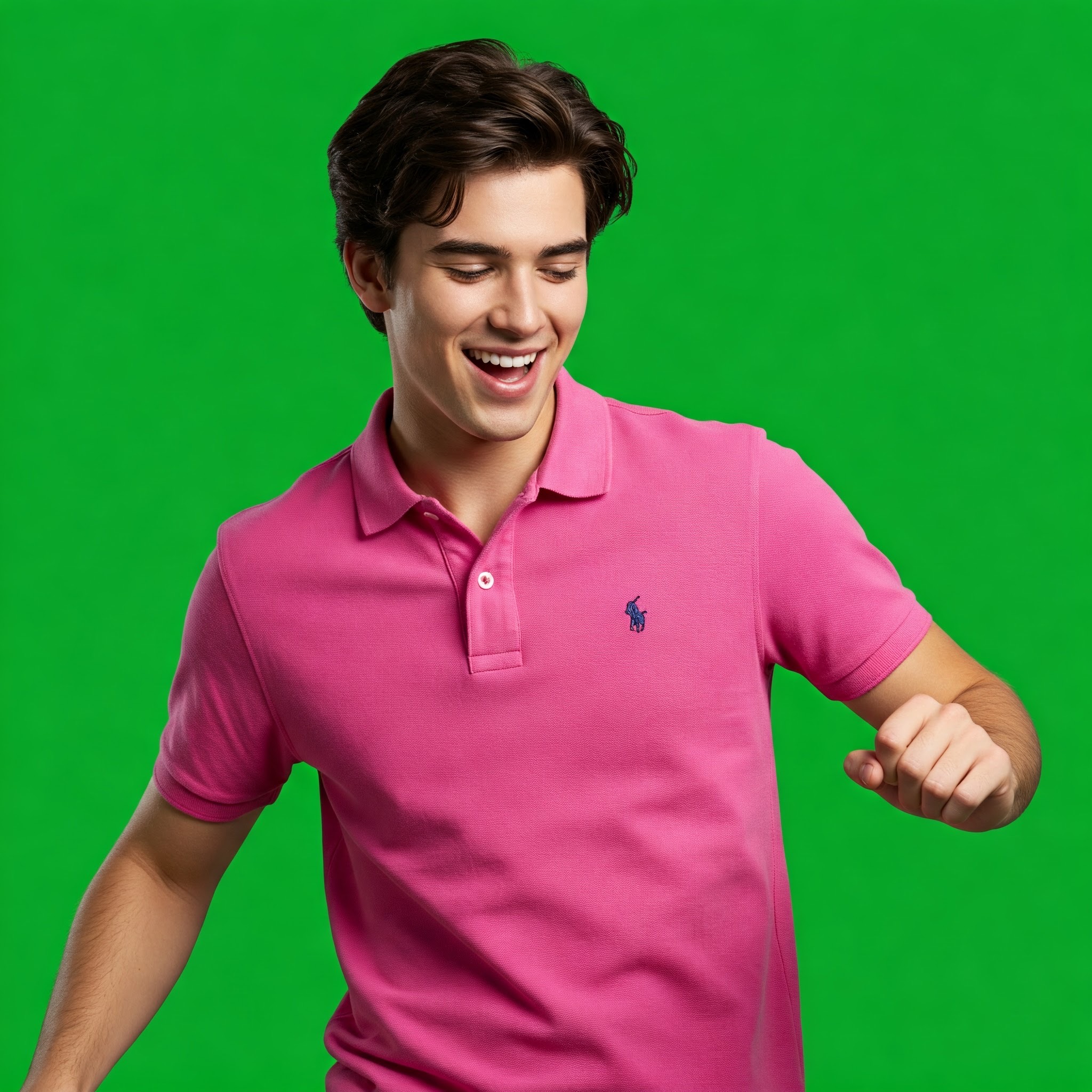 photo of Happy Young Man Dancing in Pink Polo Against Green Screen